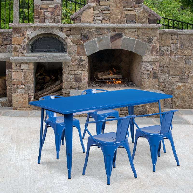 Lubron 31.5'' x 63'' Rectangular Metal Indoor-Outdoor Table Set with 4 Arm Chairs, Blue, 5