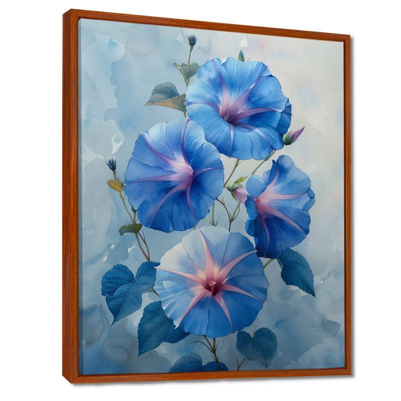 «Garden of Blue Morning Glory Bloom II - Morning Glory», art mural, Cadre flottant brun, H 16 po x l 32 po