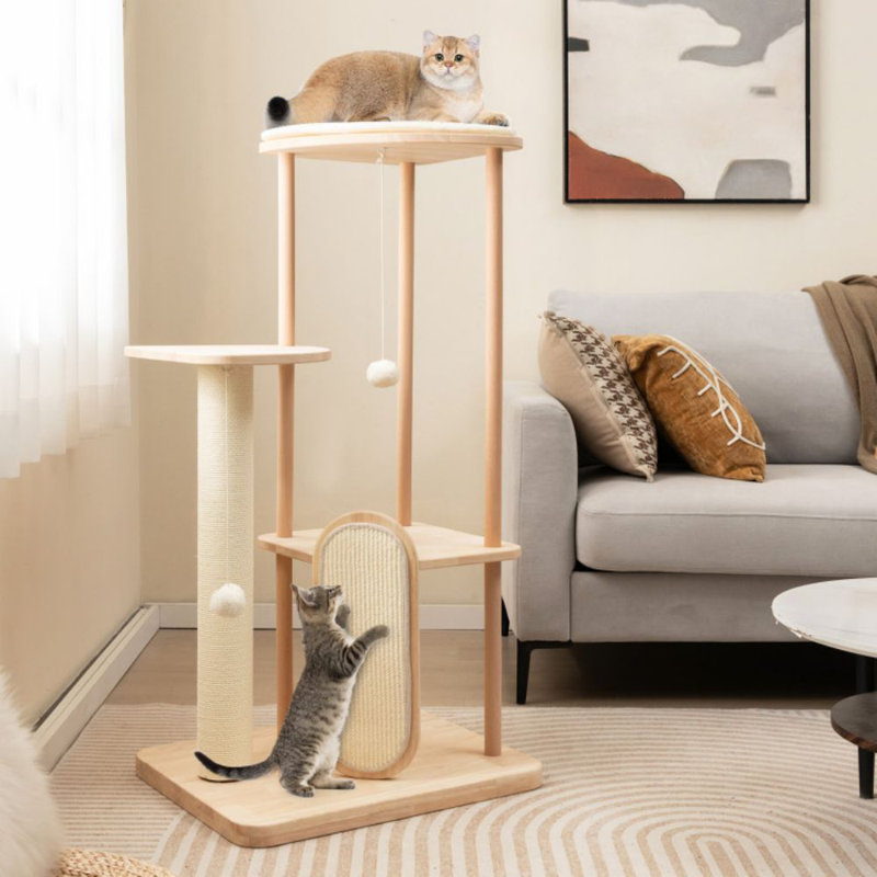 44-Inch Beige Wooden Multi-Level Cat Tower with Sisal Scratching Post