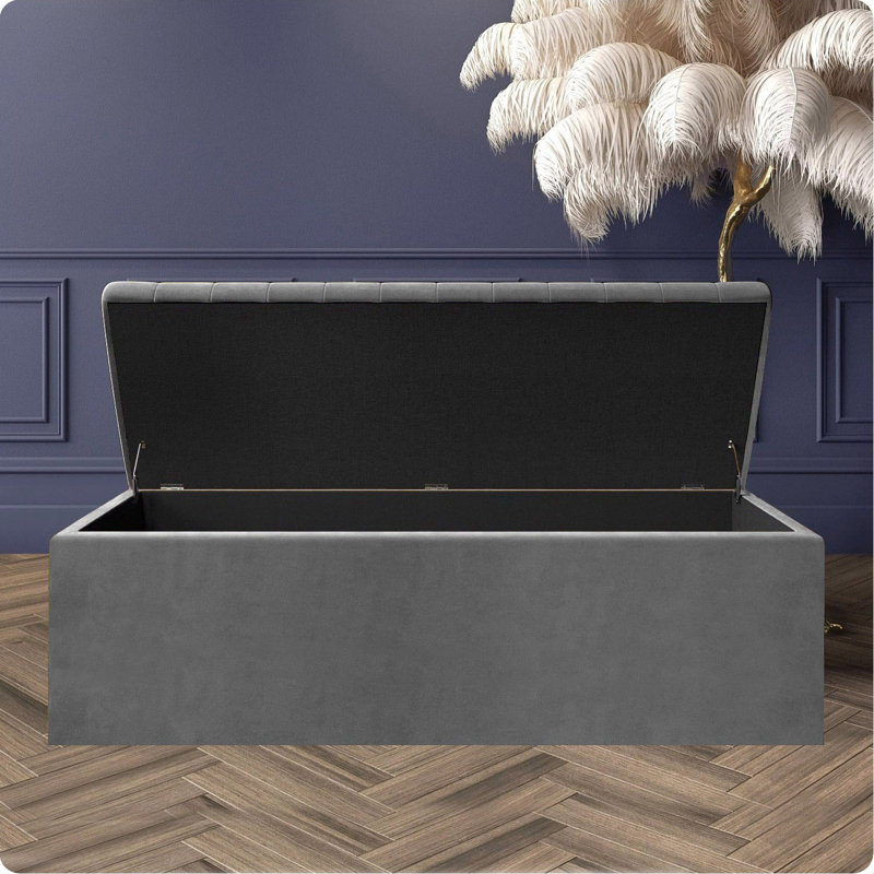 Safar Wide Velvet Rectangle Solid Color Standard Ottoman Box with Storage, Grey Plush Velvet, 150 cm