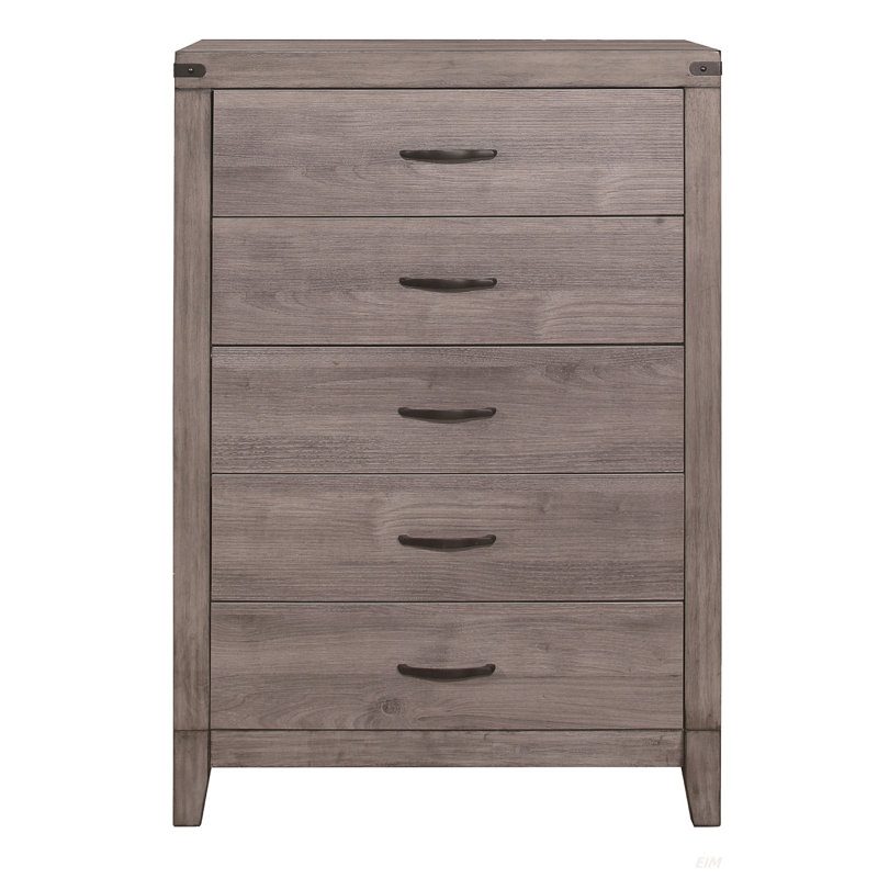 Commode de chambre à coucher à finition brun gris 1 pièce avec 5 tiroirs en mélamine laminée et métal foncé