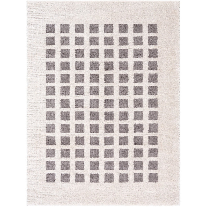 Charcoal Modern Shaggy Washable Rug, Chequered Anti-Slip Rug For Living Room, Dining Room, Bedroom, Kitchen