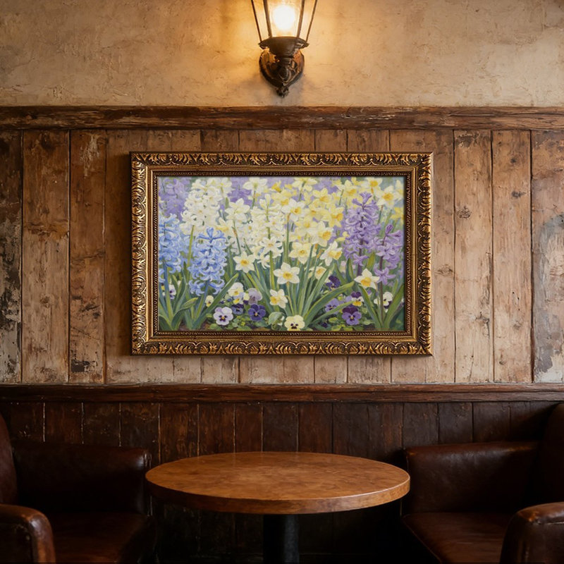 Cadre mural vintage orné de fleurs printanières – Cadre décoratif doré pour œuvres d'art., L 16 po x l 24 po