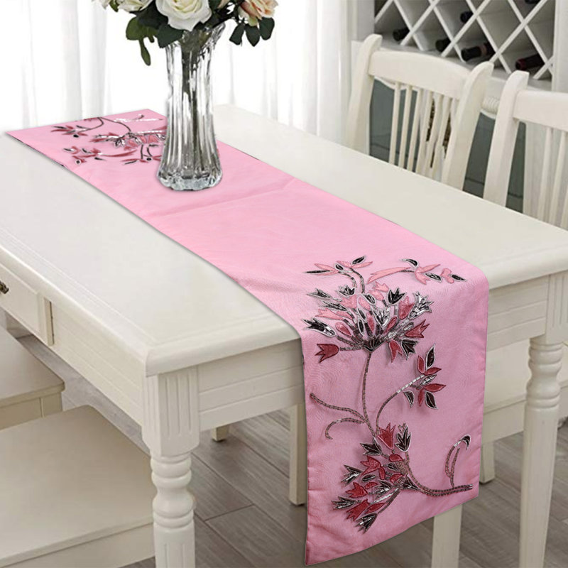 Pink Velvet Table Runner with Floral Embroidery for Dining Table, Bedroom & Wedding Decor Christmas Style