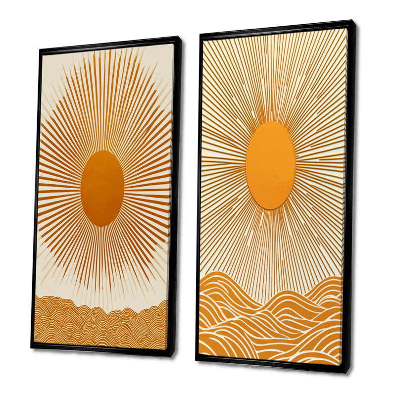 Mid-Century orange soleil imprimé III - ensemble abstrait d'art mural Mid-Century 2 pièces, H 40 po x l 40 po