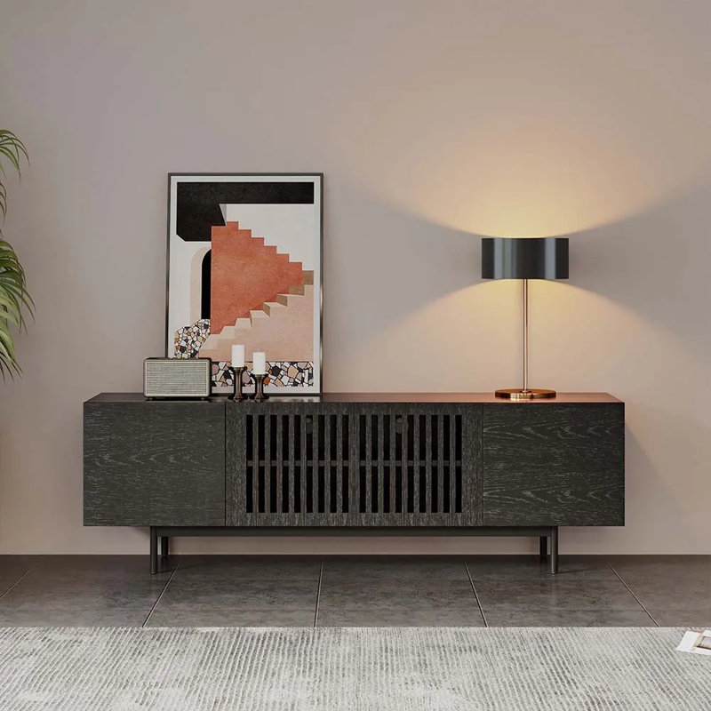 Meuble télé Mid-Century moderne, entièrement assemblé, Noir, H 21,65 po x L 15,75 po x l 70,87 po
