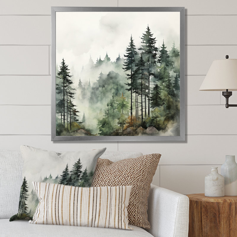 «Forest Pine Tree Misty Morning I», reproduction d'art sur toile, forêt pin, H 36 po x l 36 po, Argent argent, Picture Framed