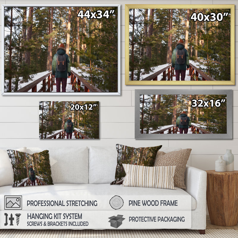 Randonnée dans la forêt d'hiver - Reproduction, H 16 po x l 32 po x P 1 po, Cadre doré simple