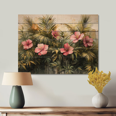 Hibiscus tropical dans une symphonie de printemps I - Art mural en bois d'hibiscus - sur bois de pin naturel