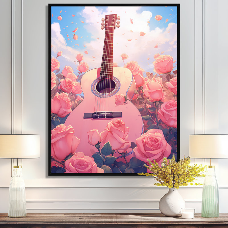 Guitare rose dans un champ de roses roses - musique, art mural, Toile avec cadre flottant noir, H 32 po x l 24 po x P 1 po