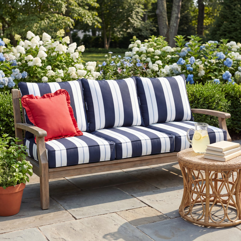 Deana Indoor/Outdoor Sunbrella Seat/Back Cushion, 27" W x 23" H, Navy Stripe Sunbrella®