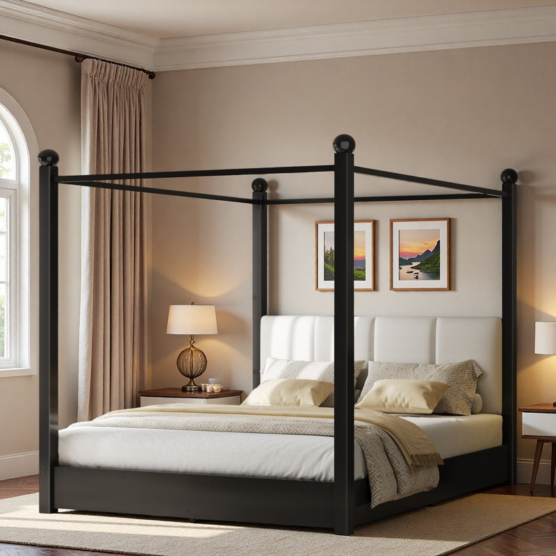 Lit plateforme à baldaquin avec tête de lit tapissier et structure en métal, Black, King