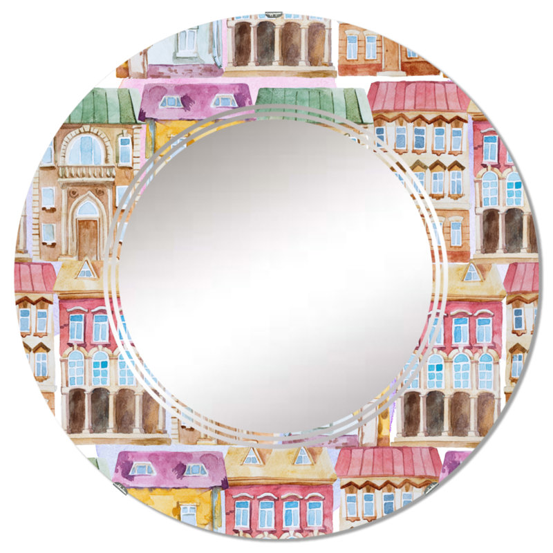 Lumineux façade de vieux bâtiment dans la vieille Europe - Miroir mural à motif rond, 32 po x 32 po