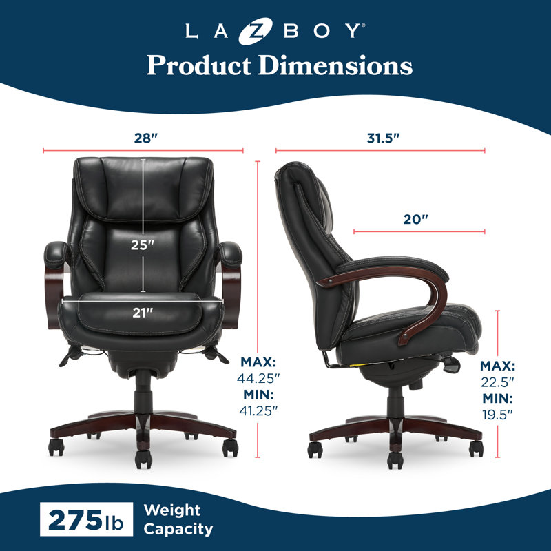Fauteuil de direction La-Z-Boy Bellamy avec coussins en mousse à mémoire de forme, accoudoirs en bois véritable et base pivotante, bord de siège en cascade, similicuir