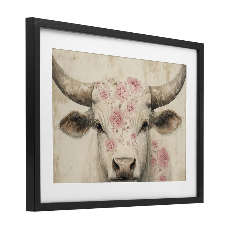 Bétail avec motif de fleurs de cerisier, reproduction encadrée sous verre, conception de Heidi Kuntz, H 14 po x l 20 po