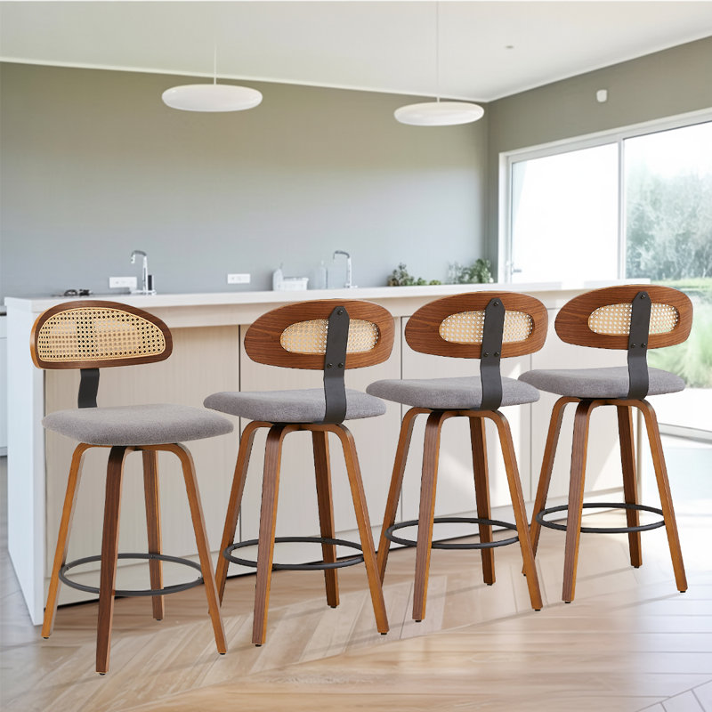 Modern Counter Stools, Swivel Counter Height Bar Stools with Rattan Backrest, 26" Seat Height Linen, For Home or Bar, Brown