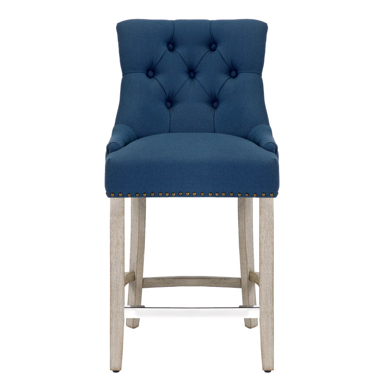 Linen Fabric Tufted Upholstered Counter Stool, Counter Stool (24” Seat Height), Teal Linen/Antique Gray Frame