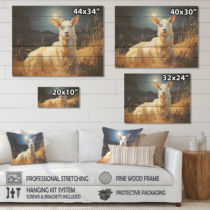 White Caprine Goat Charm Meadows I - Goat Animal On Wood Print, 10" H x 20" W x 0.78" D