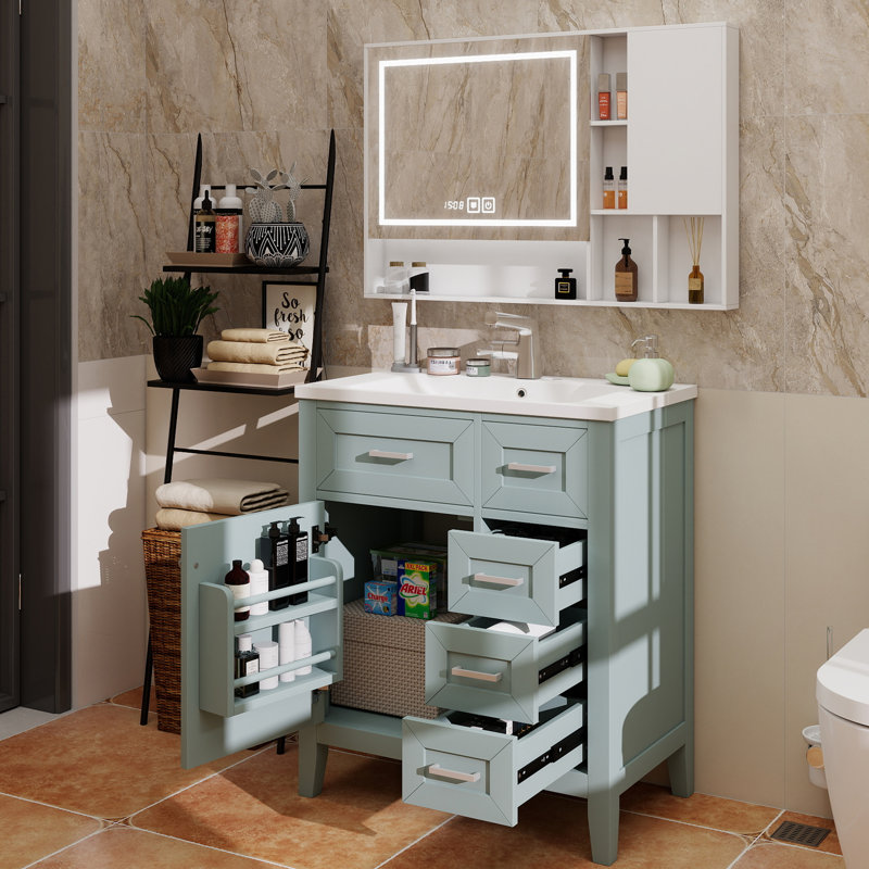 Ensemble de meuble-lavabo avec lavabo 30 po, armoire de salle de bain verte avec tiroirs, structure solide et panneau de fibres à densité moyenne