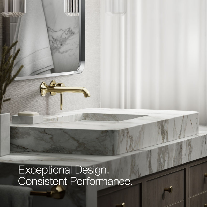 Occasion Sink Spout with Straight Design Wall Mount Bathroom Faucet with Drain Assembly, Vibrant French Gold