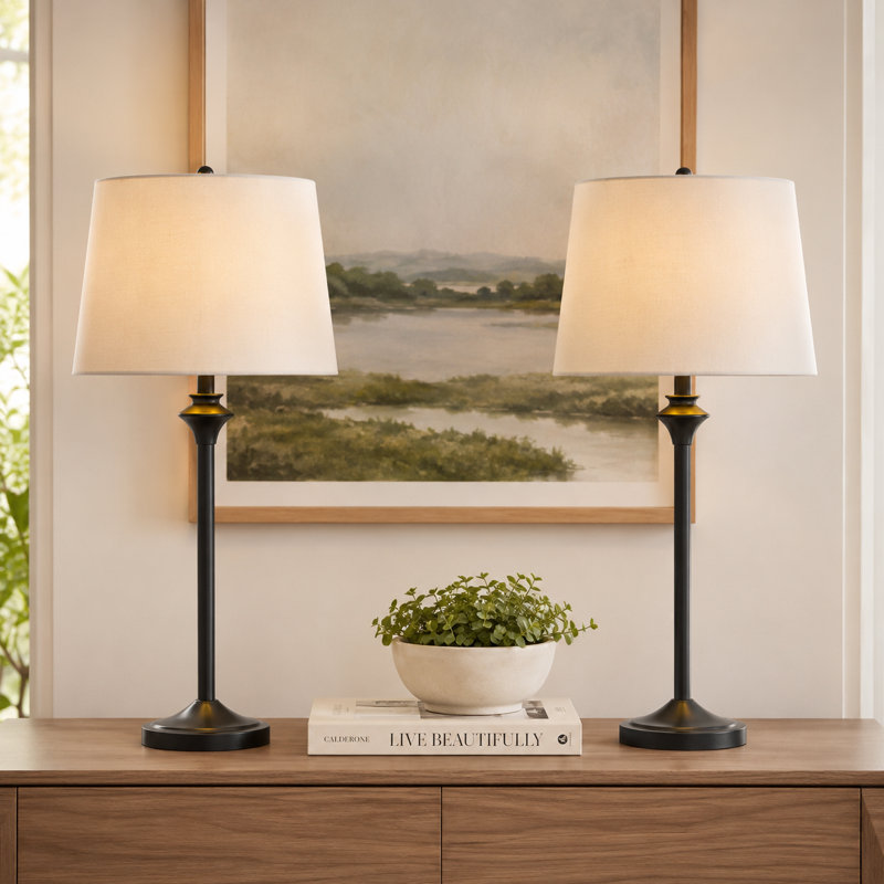 Lolley 26" Modern Metal Table Lamp with Knob Switch and Linen Shade, Matte Black