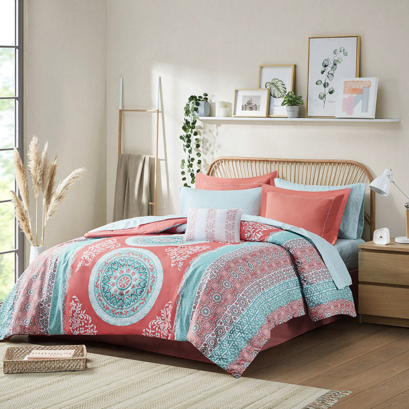 Ensemble d'édredon pour lit simple et ensemble de draps - Grand médaillon en corail, tissu fin, literie complète avec motif corail de collection, microfibre douce, option chambre à coucher complète