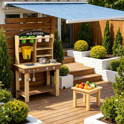 Kids Wooden Mud Kitchen Outdoor, Play Kitchen With Water Tank, Sink & Faucet, Toy Cookware Set, Plant Pots & Food Molds, Backyard Sensory Playset For Toddlers & Kids