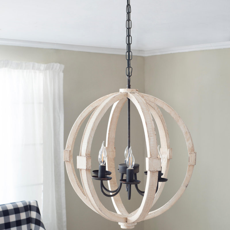 Lustre en bois 6 lumières, luminaire suspendu avec chaîne réglable