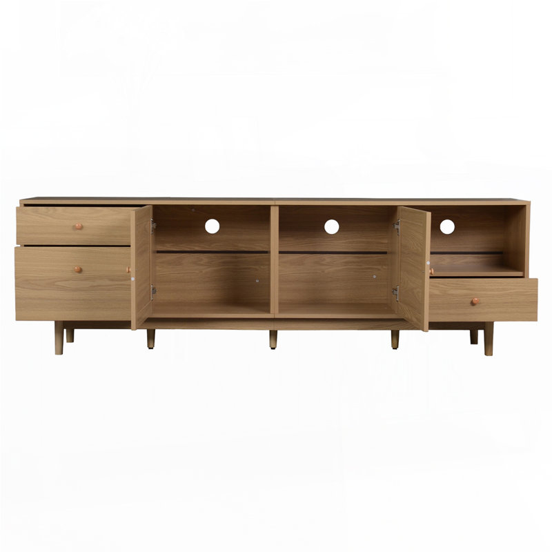 Meuble télé Boho avec portes et tiroirs en rotin véritable pour téléviseur de 85 po