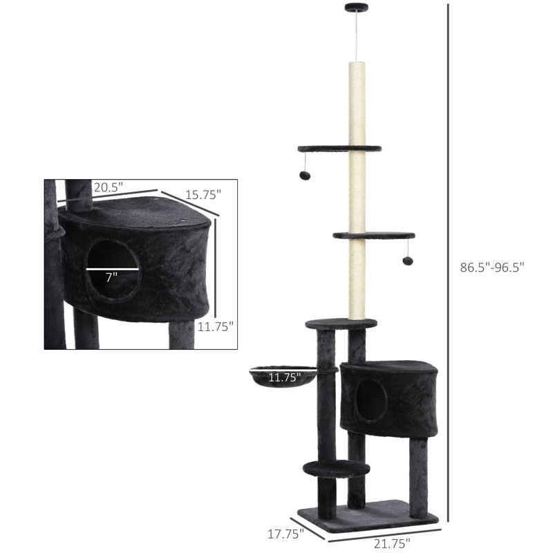 Arbre à chat à hauteur ajustable du sol au plafond avec plateformes à tapis, zones gratteuses pour condos et cordes, gris foncé