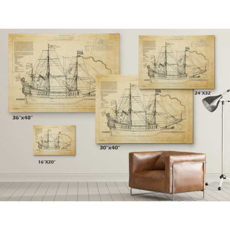 Vintage Beige Sailing Ship Sketch Canvas Wall Art