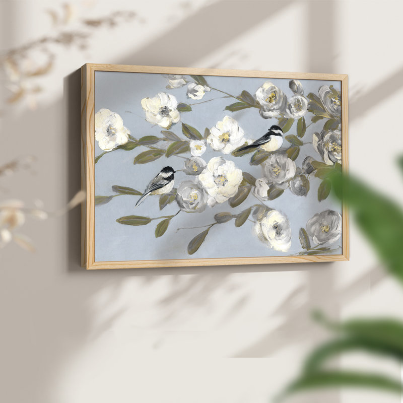 Chickadees and Blossoms I - Reproduction encadrée - Restickable, H 8 po x l 10 po, Naturel