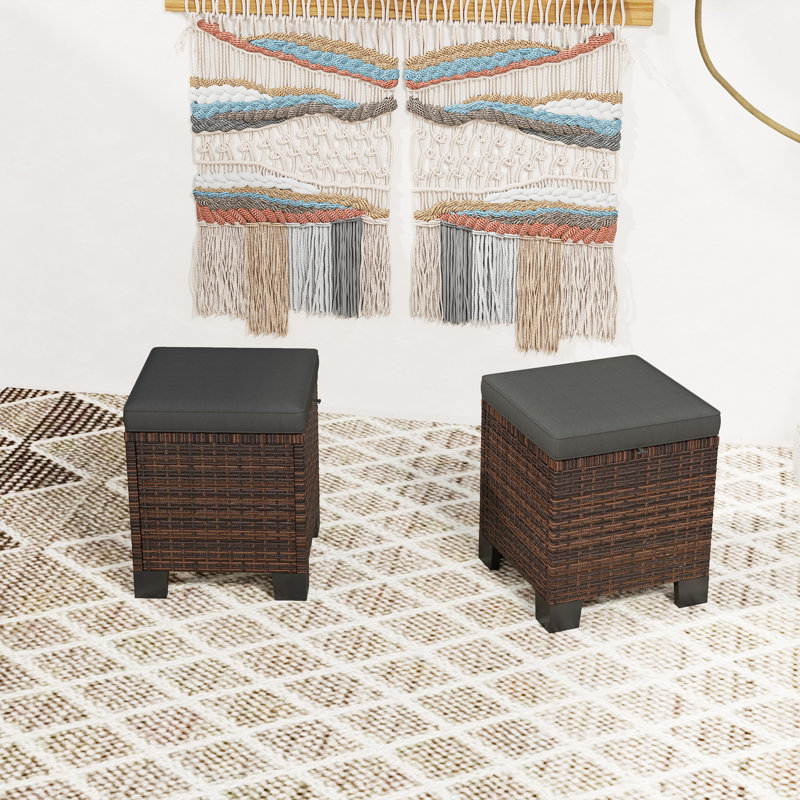 Wicker Outdoor Ottoman Set of 2, Outdoor Footstools for Patio with Removable Cushions, 3-in-1 PE Rattan Ottoman Seat, Footrest and Side Table for Backyard, Poolside
