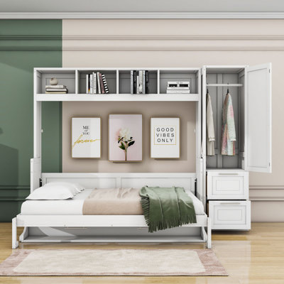 Lit escamotable en bois avec tablettes et tiroirs Nodine