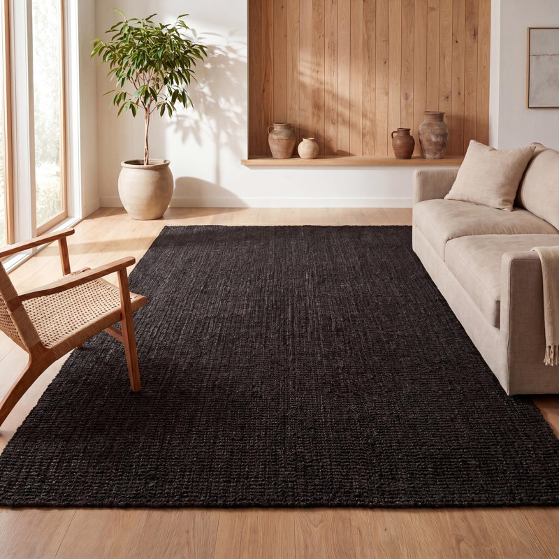 Dropati Pata Hand Woven Chunky Jute Black Rug, Rectangle 3' x 5'