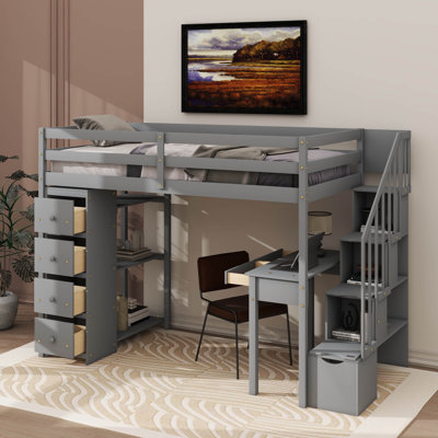 Wooden Twin Size Loft Bed With Desk Stairs Storage Drawers And Shelves
