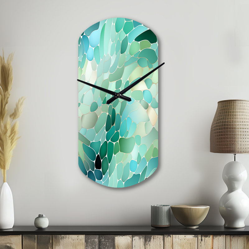 Lomuscio, verre de mer, mosaïque, motif côtier émeraude - horloge cylindrique abstraite, horloge asymétrique, Grand