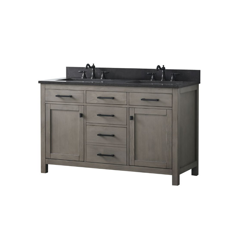 Ensemble de meuble-lavabo double 54 po Ajiya, Gris texturé / noir mat, Calcaire bleu
