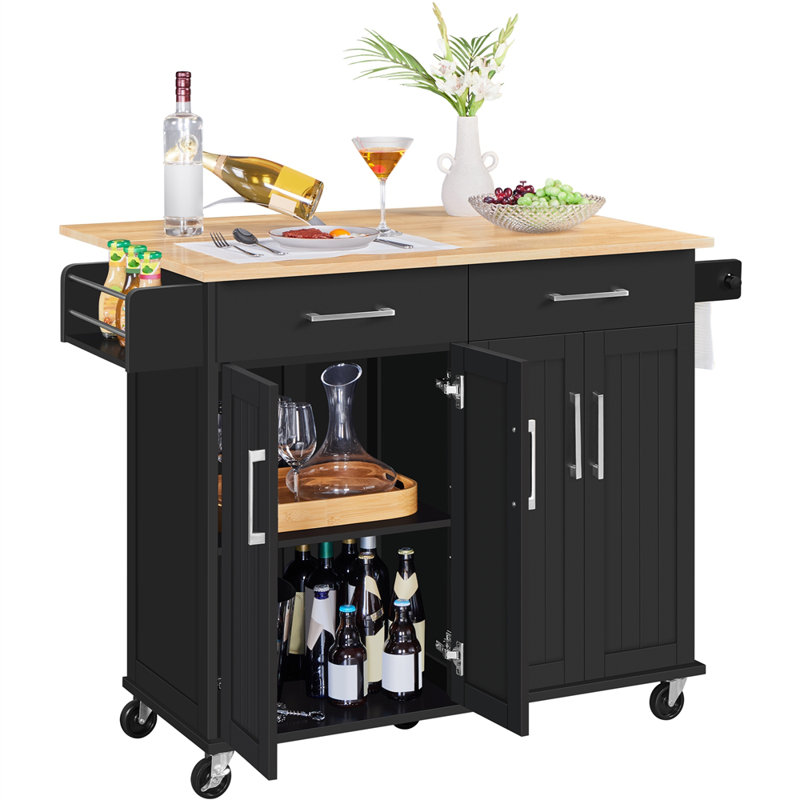 36″ H Kitchen Island Cart with Storage Drawers and Wheels, Black