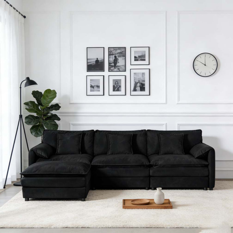 Ensemble de canapé modulaire modulaire, siège surdimensionné en forme de L, 3, H 33,46 po x l 109,45 po x P 57,48 po, Noir