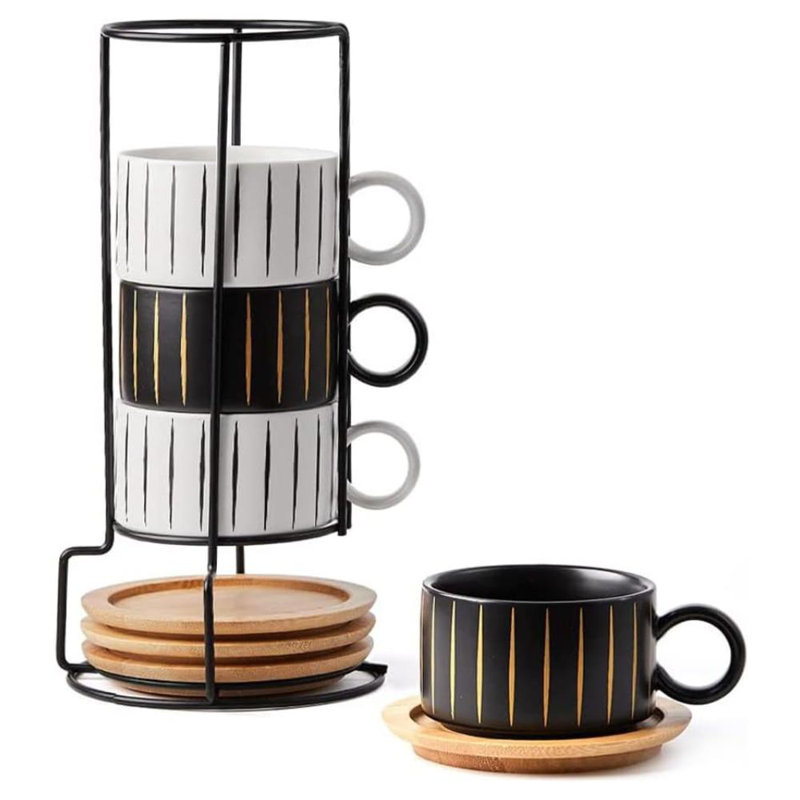 Porcelain Espresso Cup With Saucer And Metal Stand, 6 Ounce Stackable Ceramic Demitasse Espresso Mugs Cappuccino Cups Set For Latte,Coffee,Cafe Mocha,Tea(Set Of 4)