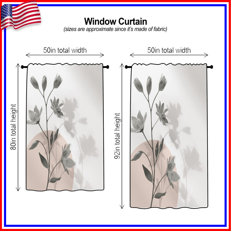Rideaux à motifs floraux monochromes, voilages et rideaux à motif floral - 1 panneau, 50" x 92" - 1 Panel, Sheer
