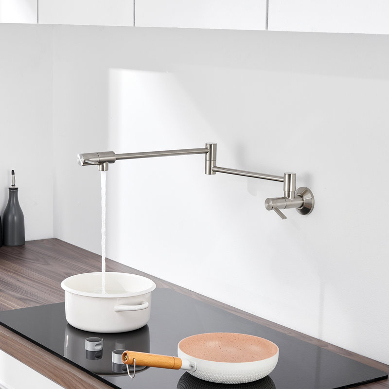 Contemporary Wall-Mounted Pot Filler With 2 Handles In Brushed Nickel, Nickel