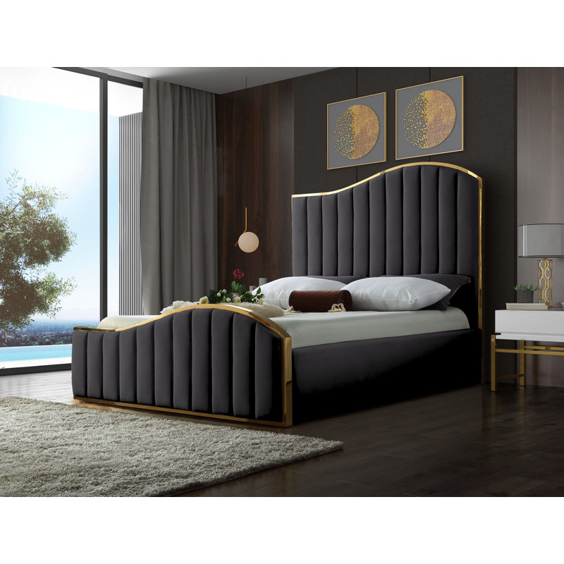 Lit plateforme tapissier Jolie, Grand, Velours gris