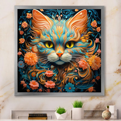 " Magical Amber And Teal Cat With Flowers "