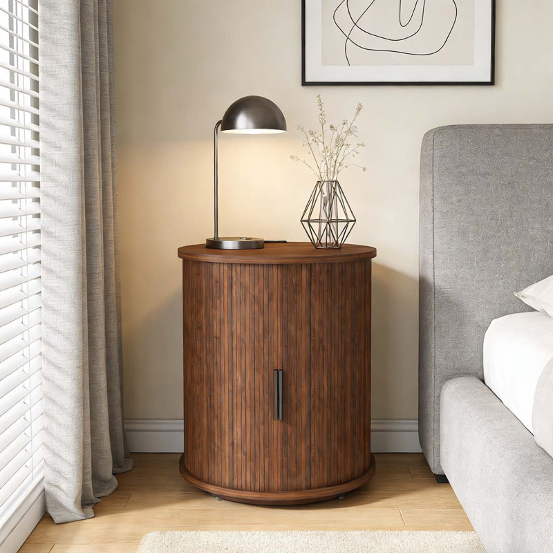 Table de chevet moderne à cylindre avec station de charge intégrée et porte coulissante
