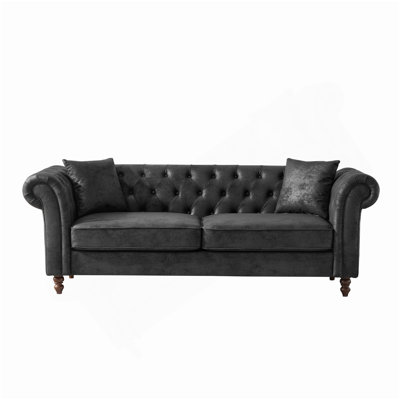 83"Chesterfield ‌tech Fabric Sofa,High-tech Fabric Roll Armrest Sofa,Upholstered Mid Century Modern Couch,3 Seater Couch for Living Room, Office, Apartment, Black