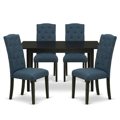 Black Mineral Blue Finish Solid Wood Linen Fabric Rectangle Parsons 5 Piece Kitchen Table Set With Butterfly Leaf Button Tufted Back