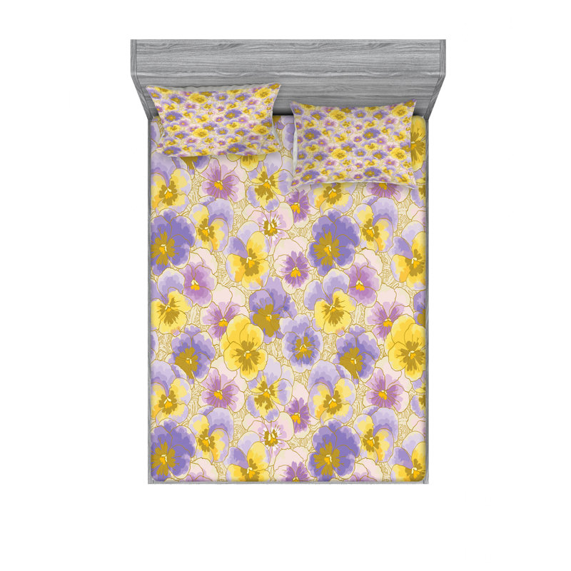 Microfiber Floral Sheet Set, Twin XL Sheet Set with Fitted Sheet, Hand Drawn Pansy Flowers