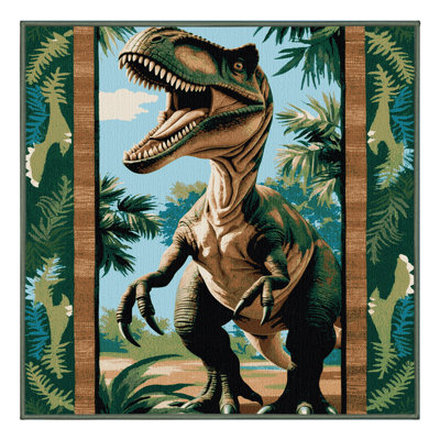 Machine Washable Dinosaurs Green Area Rug